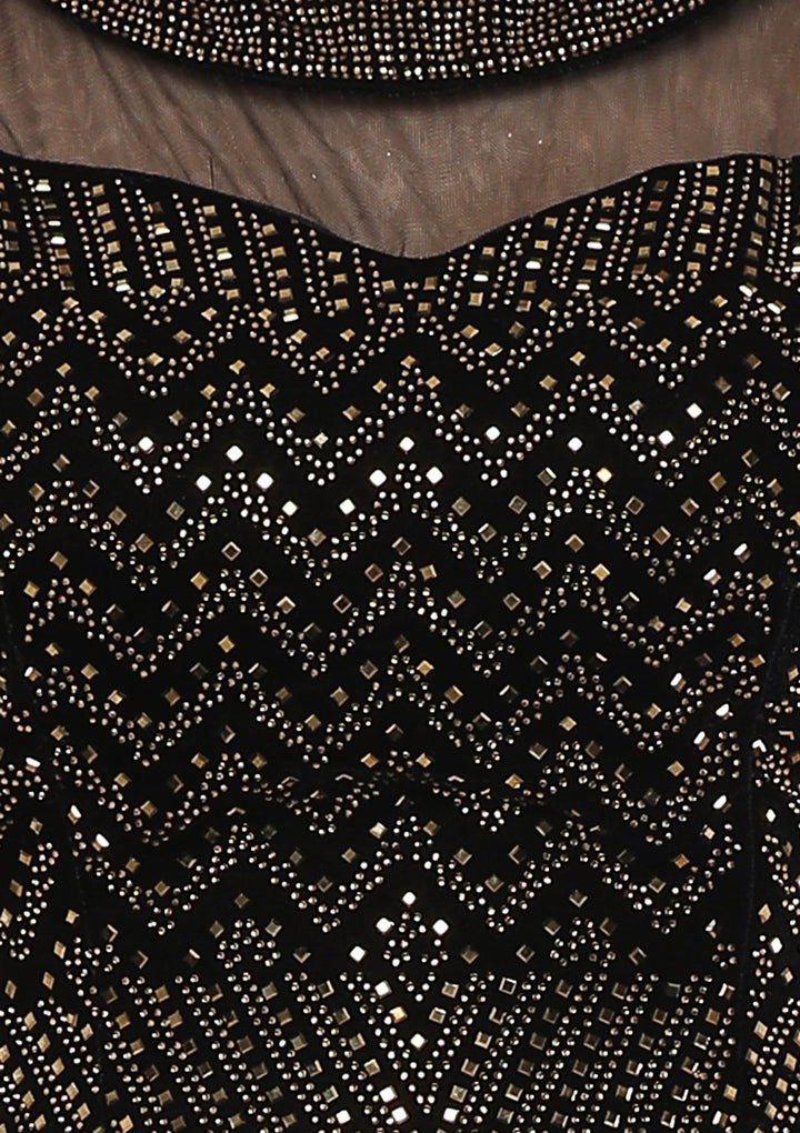 Teal Green Stone Work Velvet Designer Lehenga-Koskii