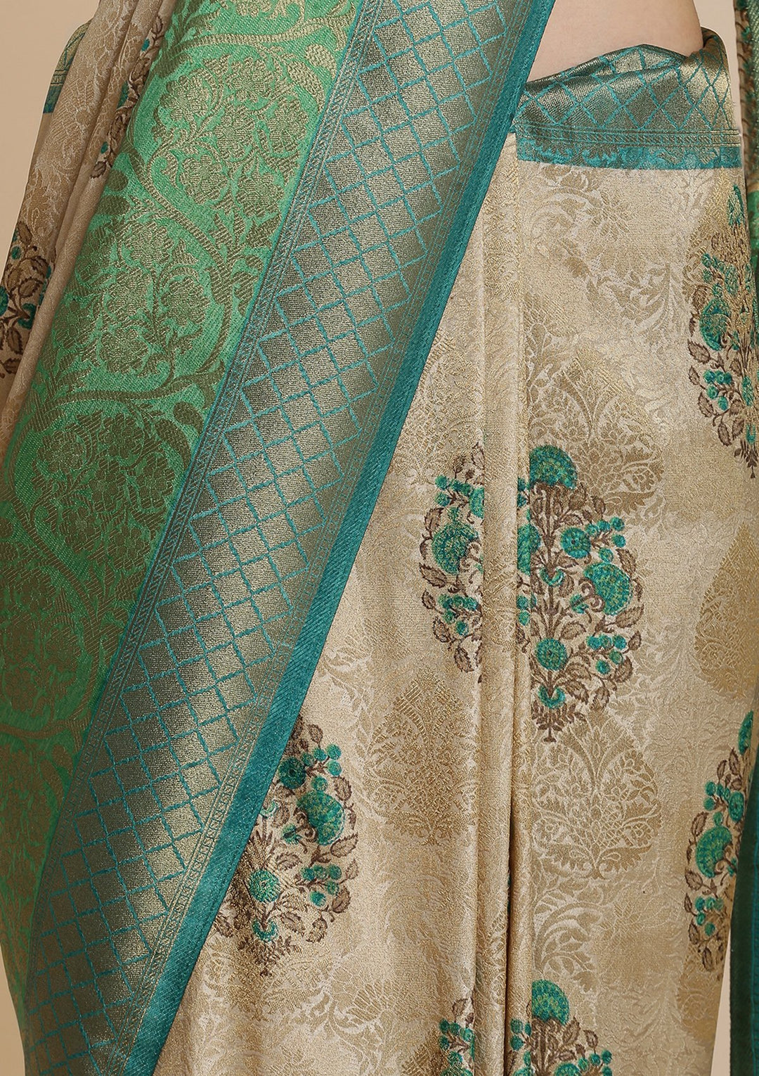 Green and Cream Art Silk Designer Saree-Koskii