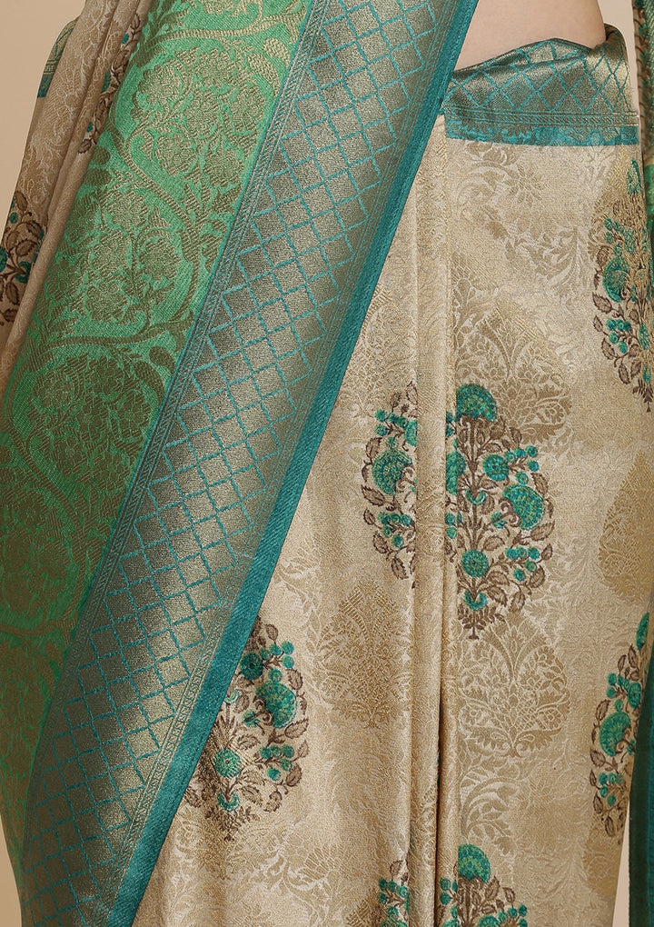 Green and Cream Art Silk Designer Saree-Koskii