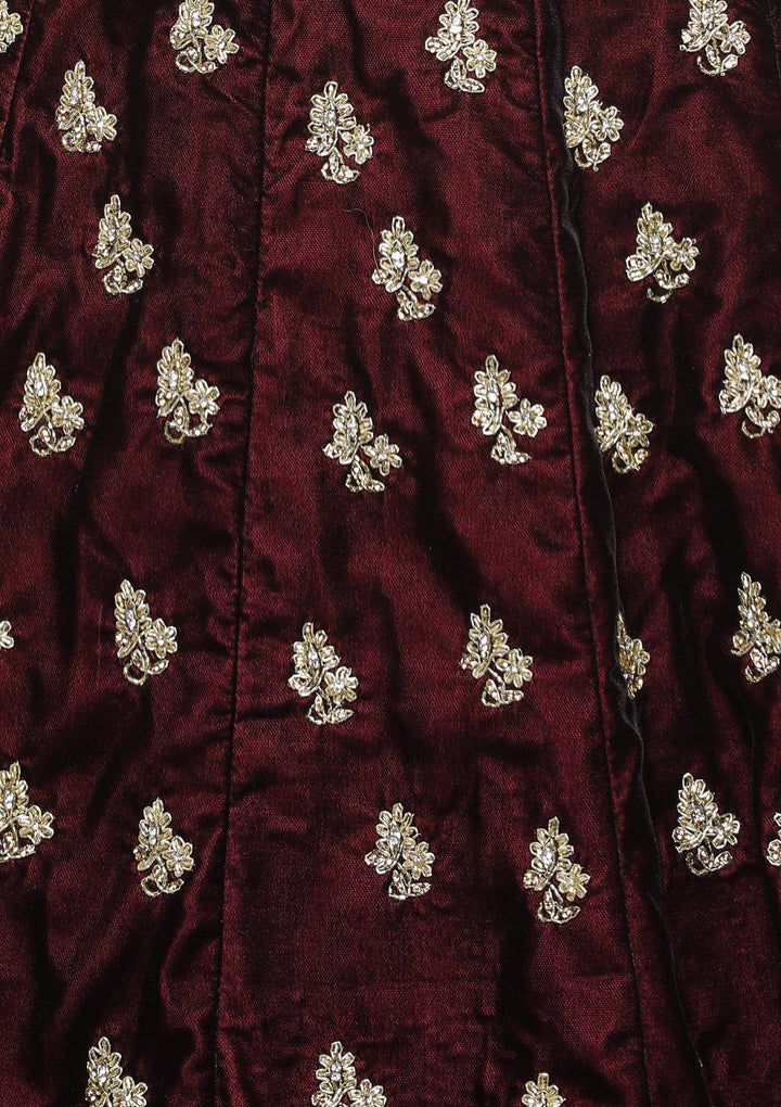 Wine and Gold Velvet Designer Lehenga-Koskii
