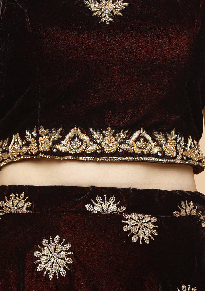 Maroon Embellished Velvet Designer Lehenga-Koskii