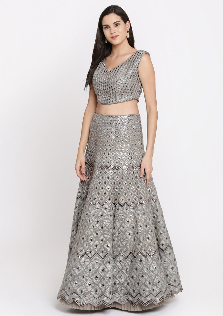 Grey Mirrorwork Tissue Designer Lehenga-Koskii