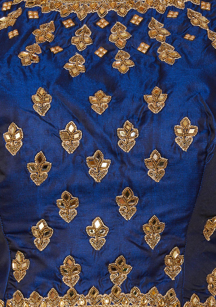Gold and Blue Mirror-work Designer Lehenga-Koskii