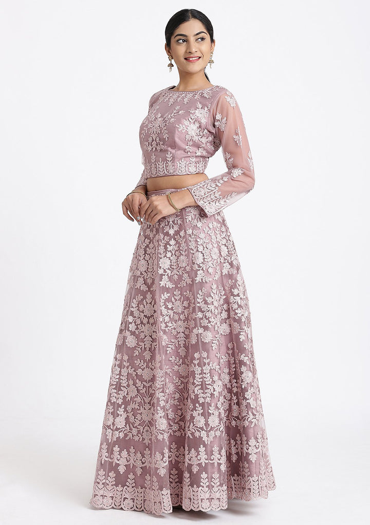 Mauve Threadwork Net Designer Lehenga-Koskii