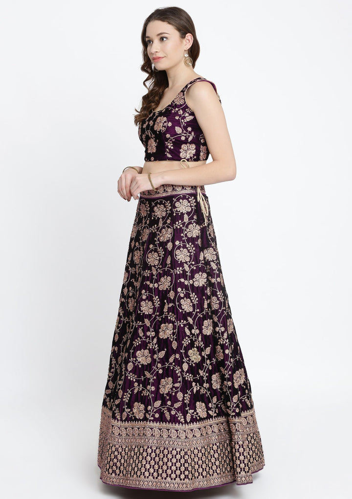 Wine Stonework Velvet Designer Lehenga-Koskii