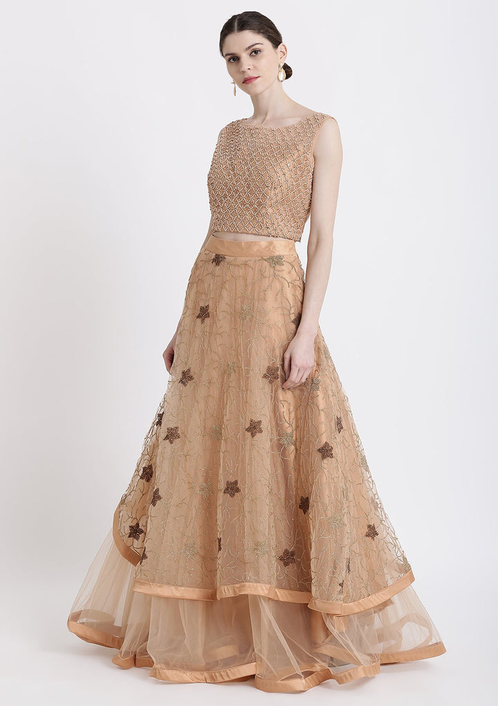 Peach Pearlwork Net Designer Lehenga-Koskii