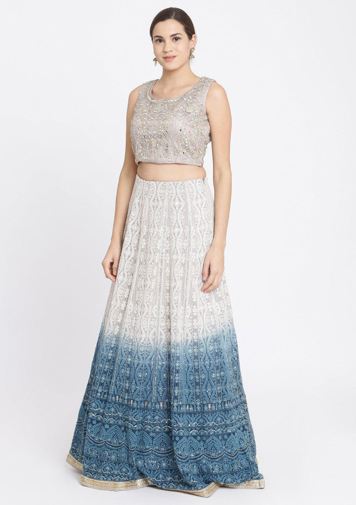 Peacock Blue Mirrorwork Georgette Designer Lehenga-Koskii