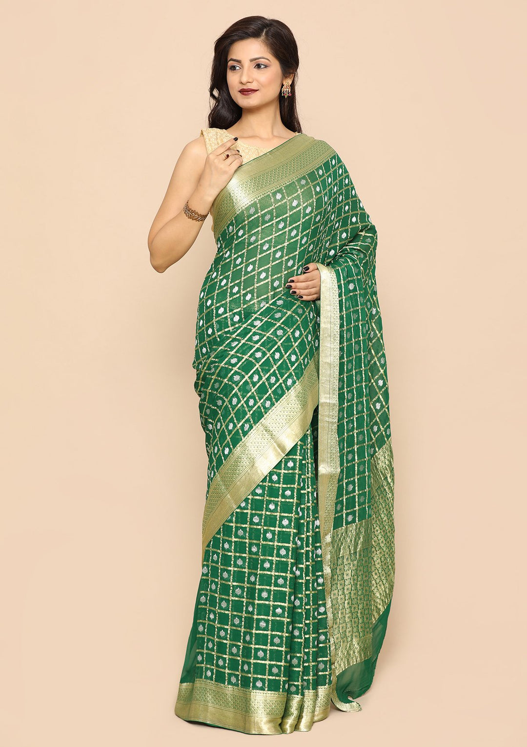 Green Chequered Handmade Saree-Koskii