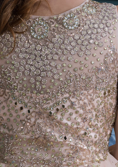 Peach Pink Embellished Net Designer Gown-Koskii