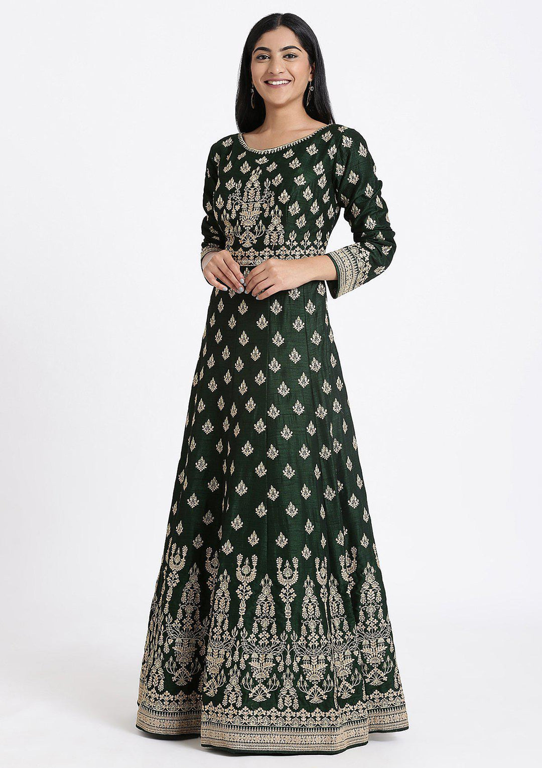 Bottle Green Zariwork Raw Silk Designer Gown-Koskii
