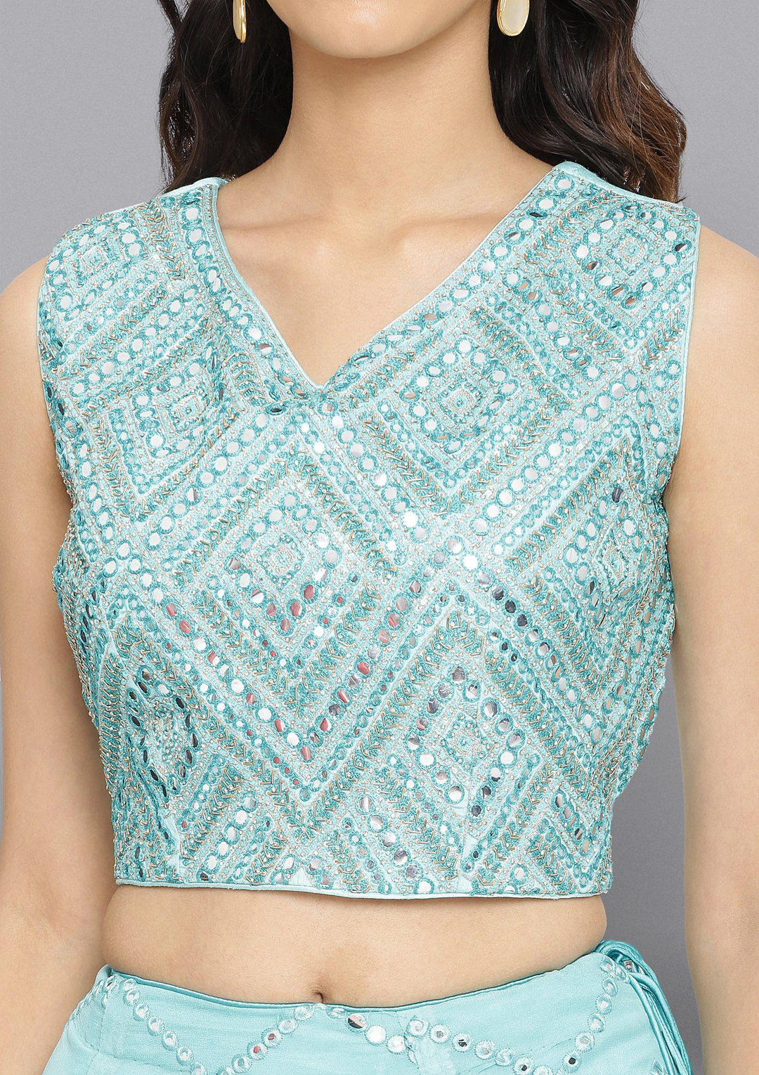 Sea Green Mirrorwork Net Designer Lehenga-Koskii
