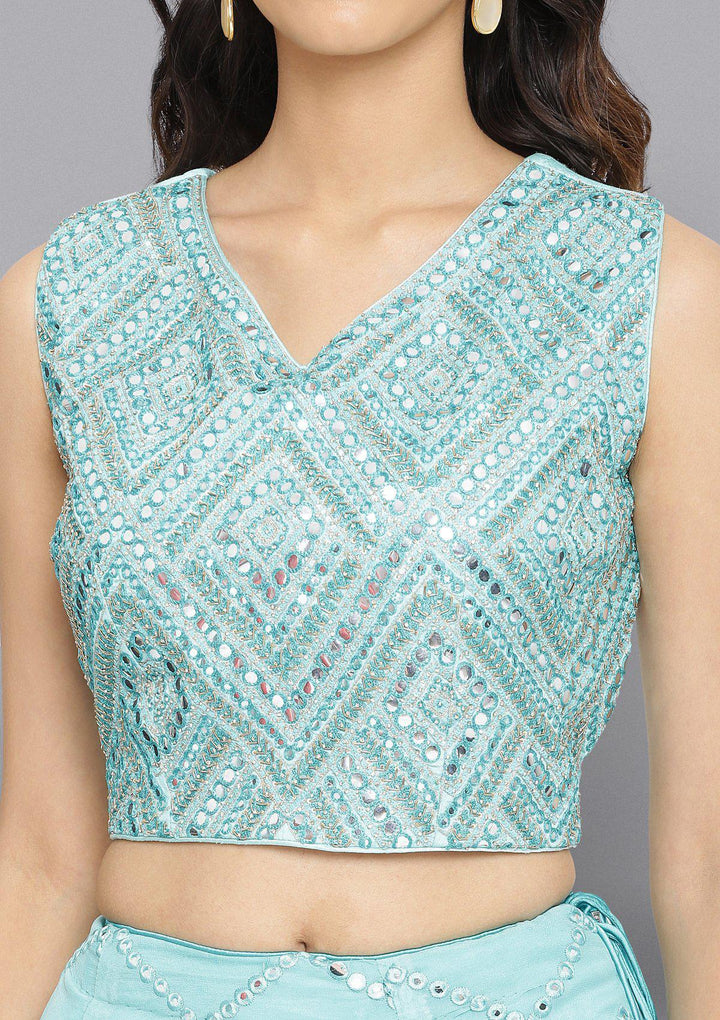 Sea Green Mirrorwork Net Designer Lehenga-Koskii