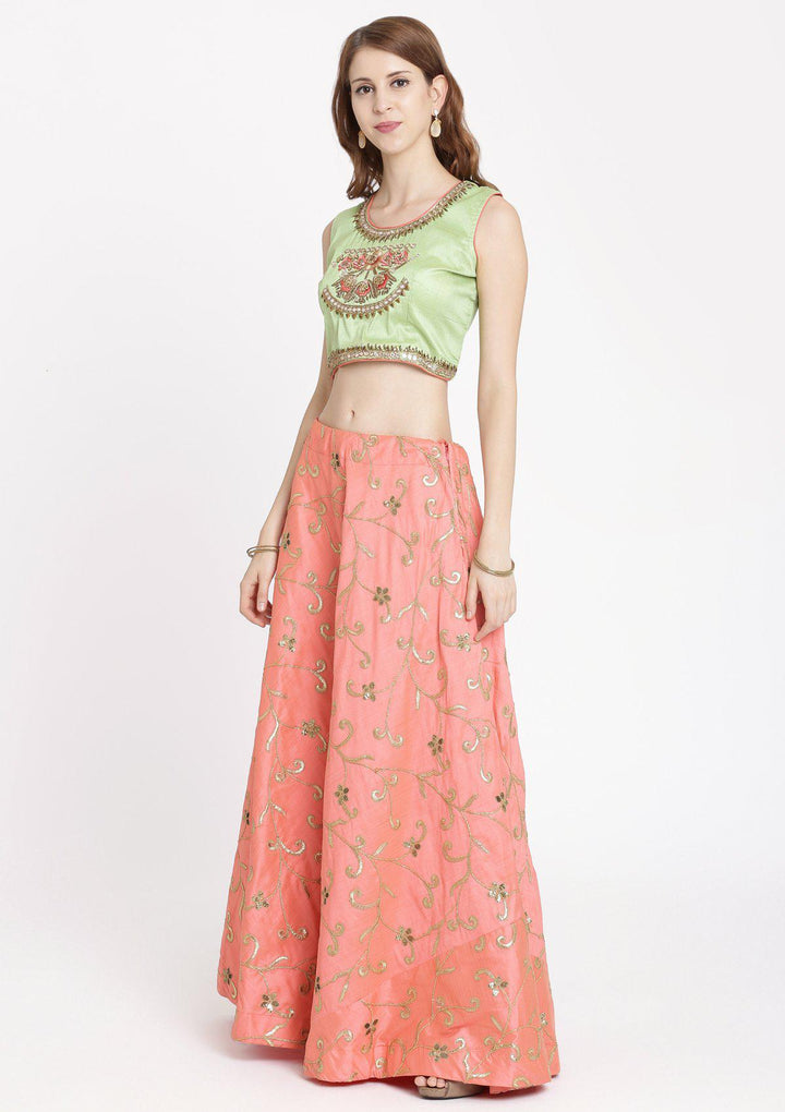 Baby Pink Mirrorwork Rawsilk Designer Lehenga-Koskii