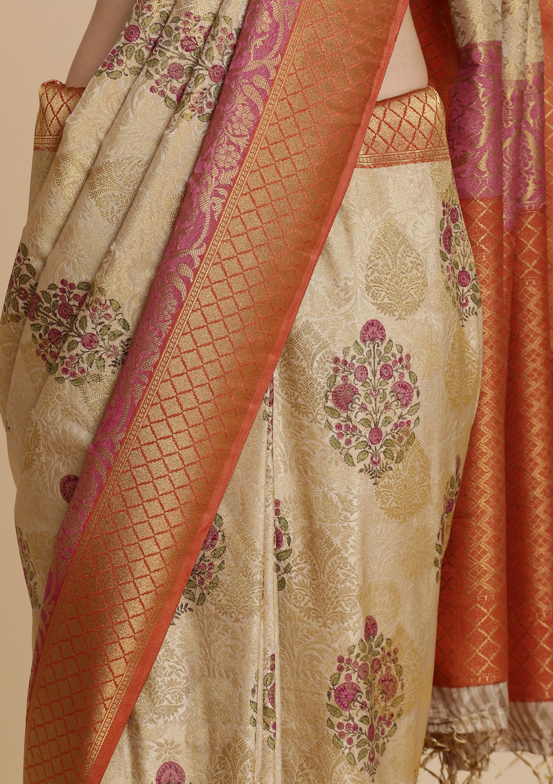 Orange and Cream Art Silk Designer Saree-Koskii