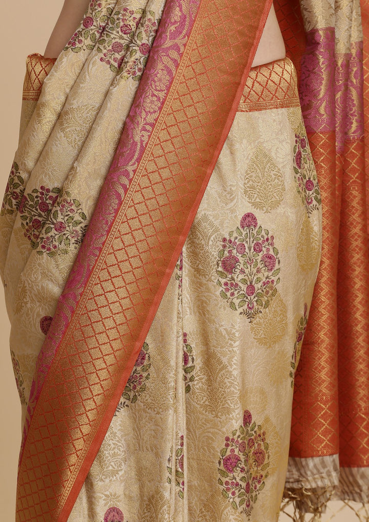 Orange and Cream Art Silk Designer Saree-Koskii