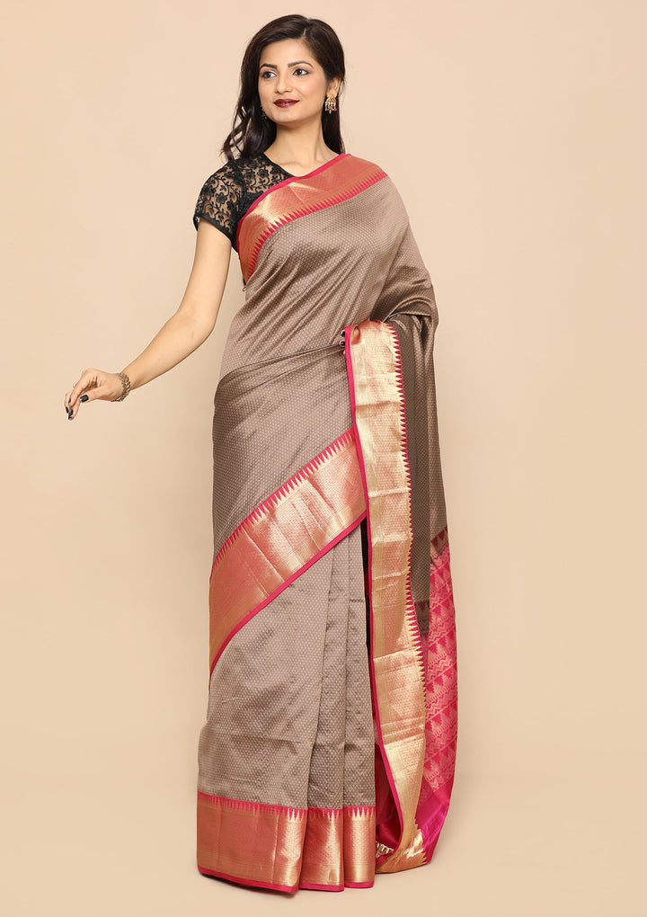 Brown Contrast Border Handmade Saree-Koskii