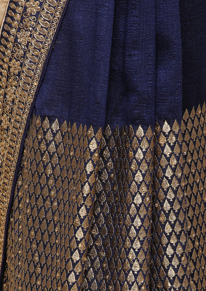 Beige and Blue Zari Work Chiffon Designer Saree-Koskii