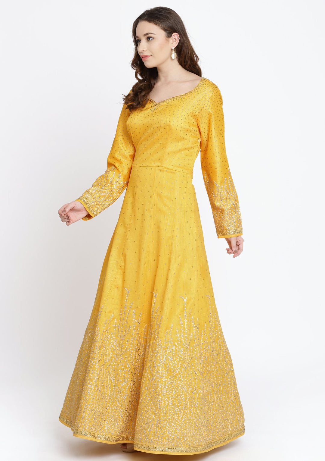 Yellow Swarovski Raw Silk Designer Gown-Koskii