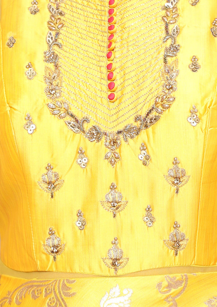 Yellow Zari Work Silk Designer Gown-Koskii