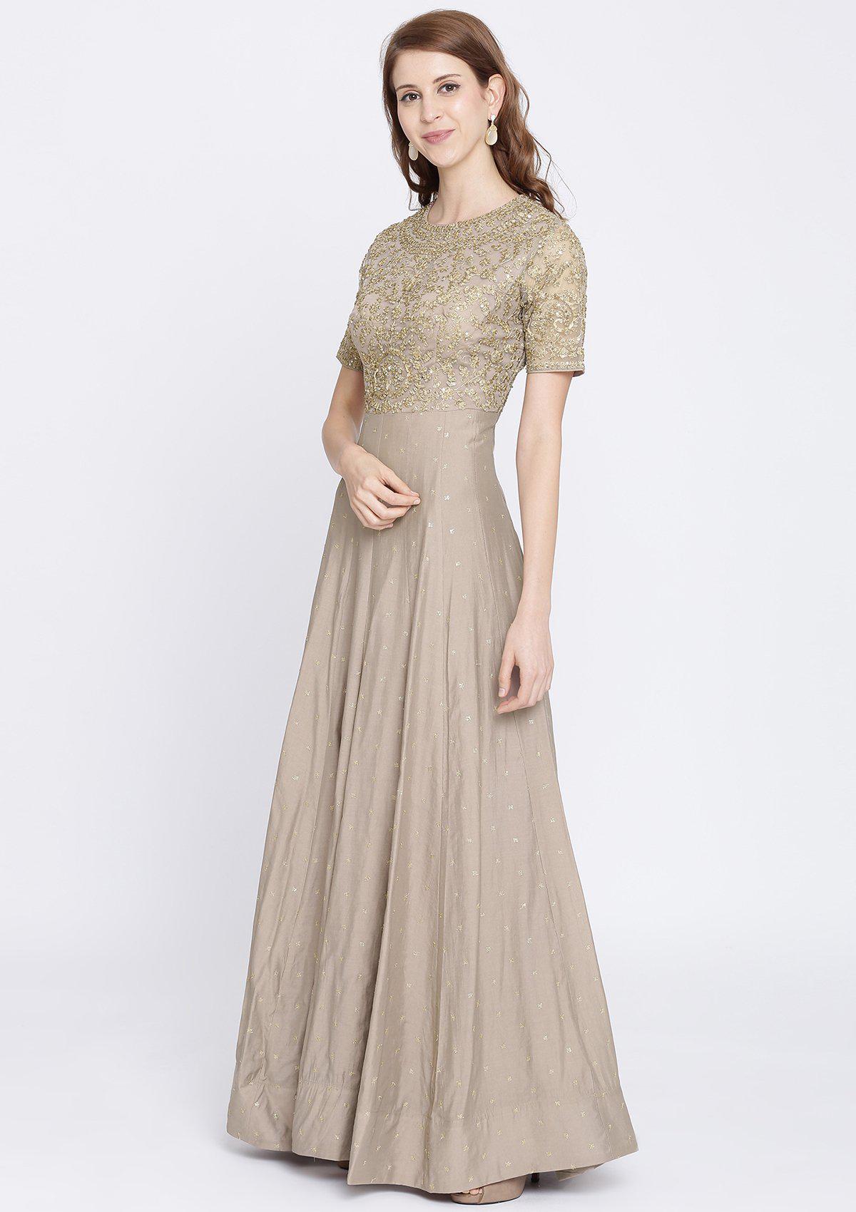 Light Brown Zariwork Art Silk Designer Gown-Koskii