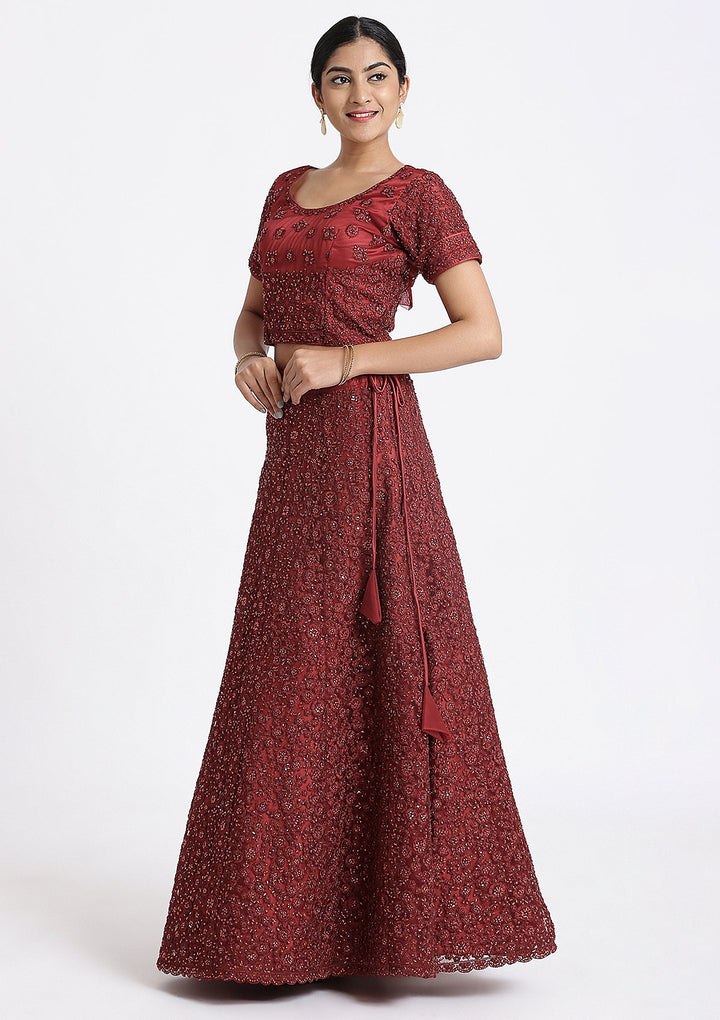 Maroon Stone Work Net designer Lehenga-Koskii