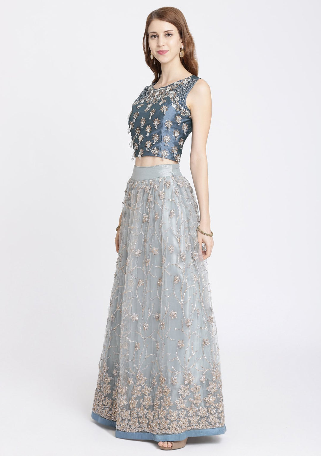 Light Grey Stonework Net Designer Lehenga-Koskii