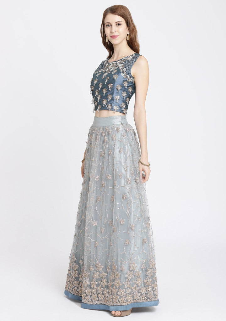 Light Grey Stonework Net Designer Lehenga-Koskii