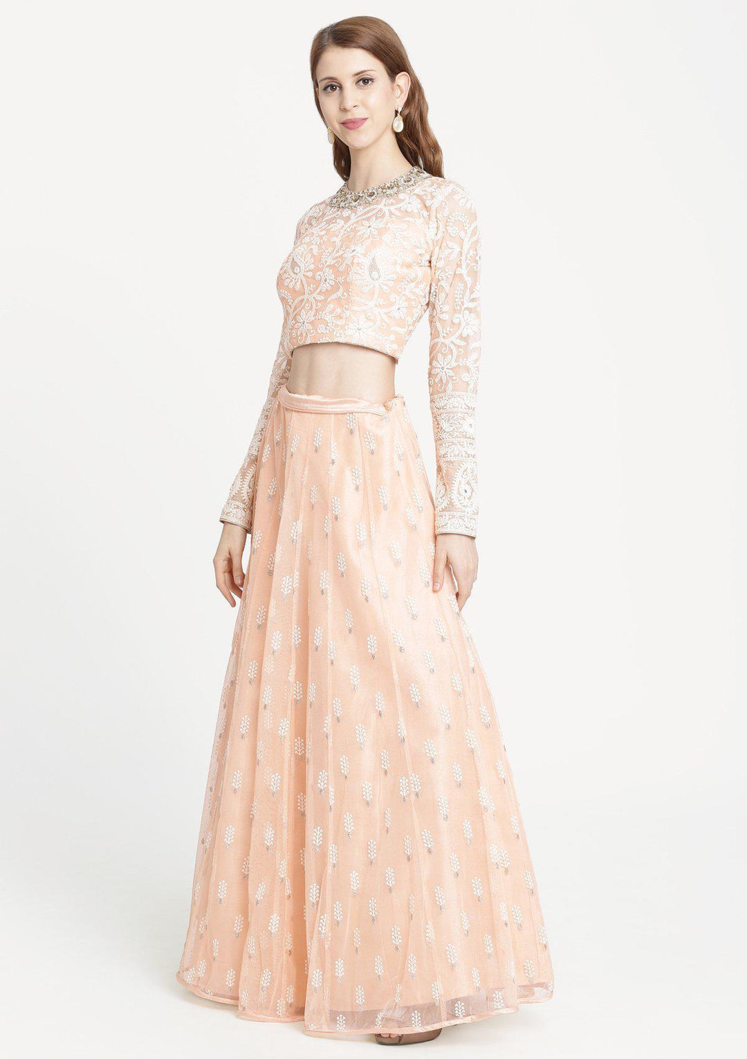 Peach Threadwork Net Designer Lehenga-Koskii