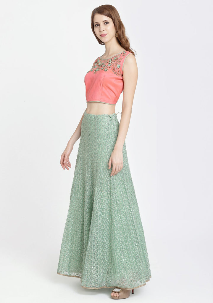 Pista Green Cutdana Net Designer Lehenga-Koskii