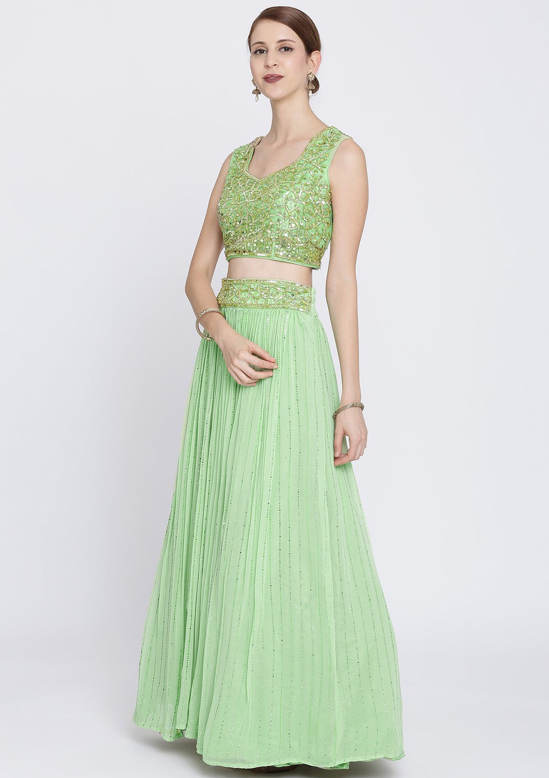 Pista Green Cutdana Georgette Designer Lehenga-Koskii