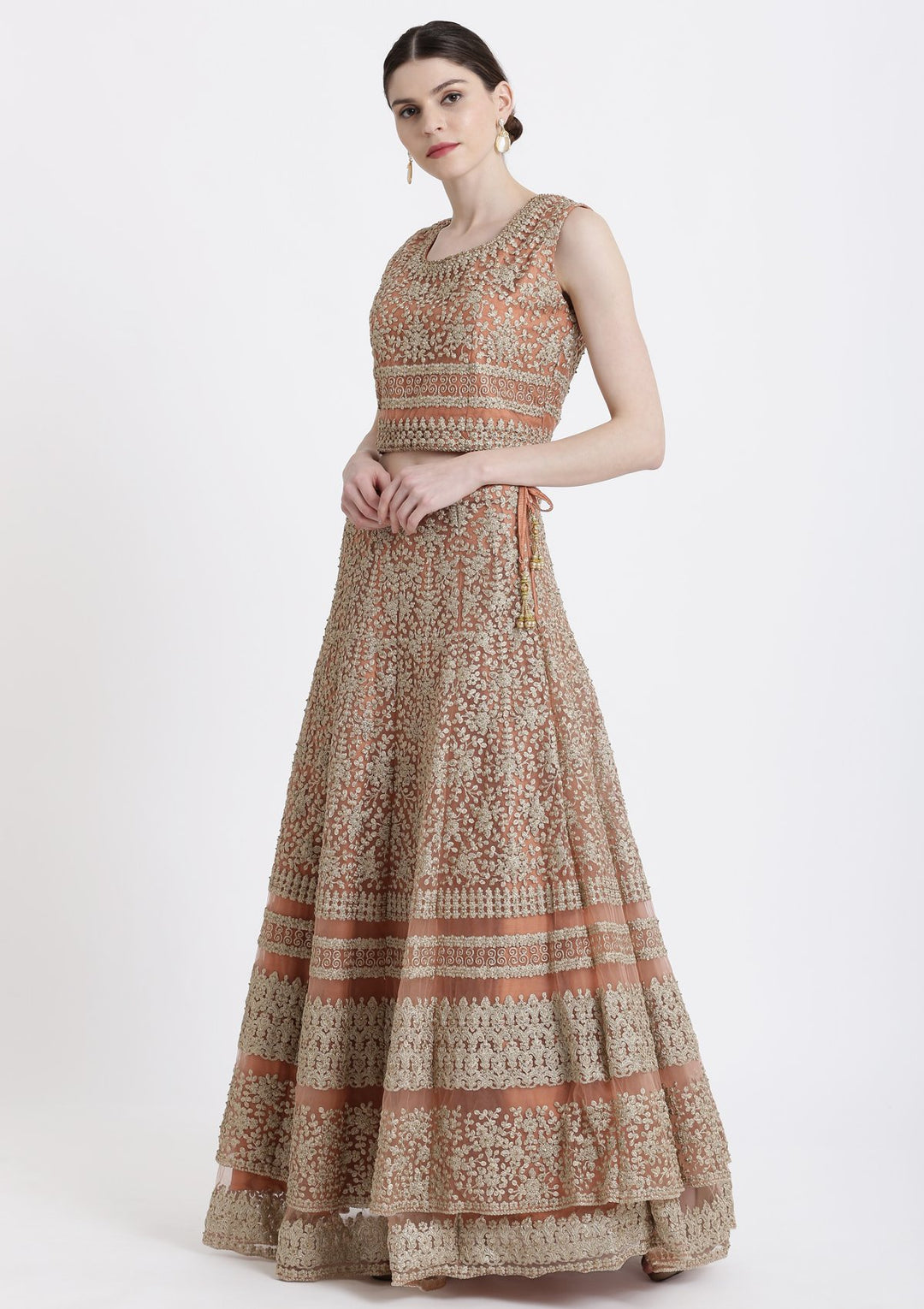 Peach Zariwork Net Designer Lehenga-Koskii
