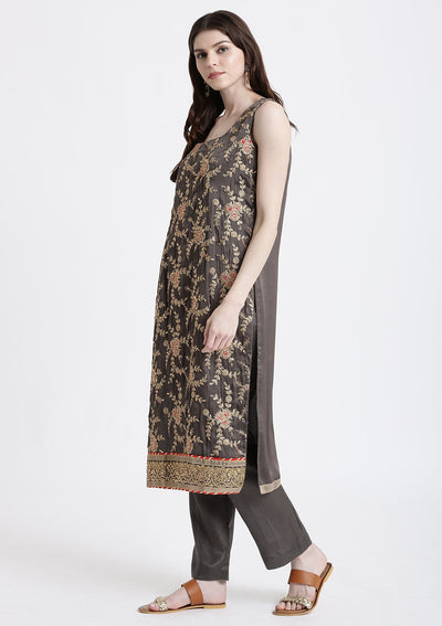Dark Grey Stonework Satin Designer Salwar Suit-Koskii