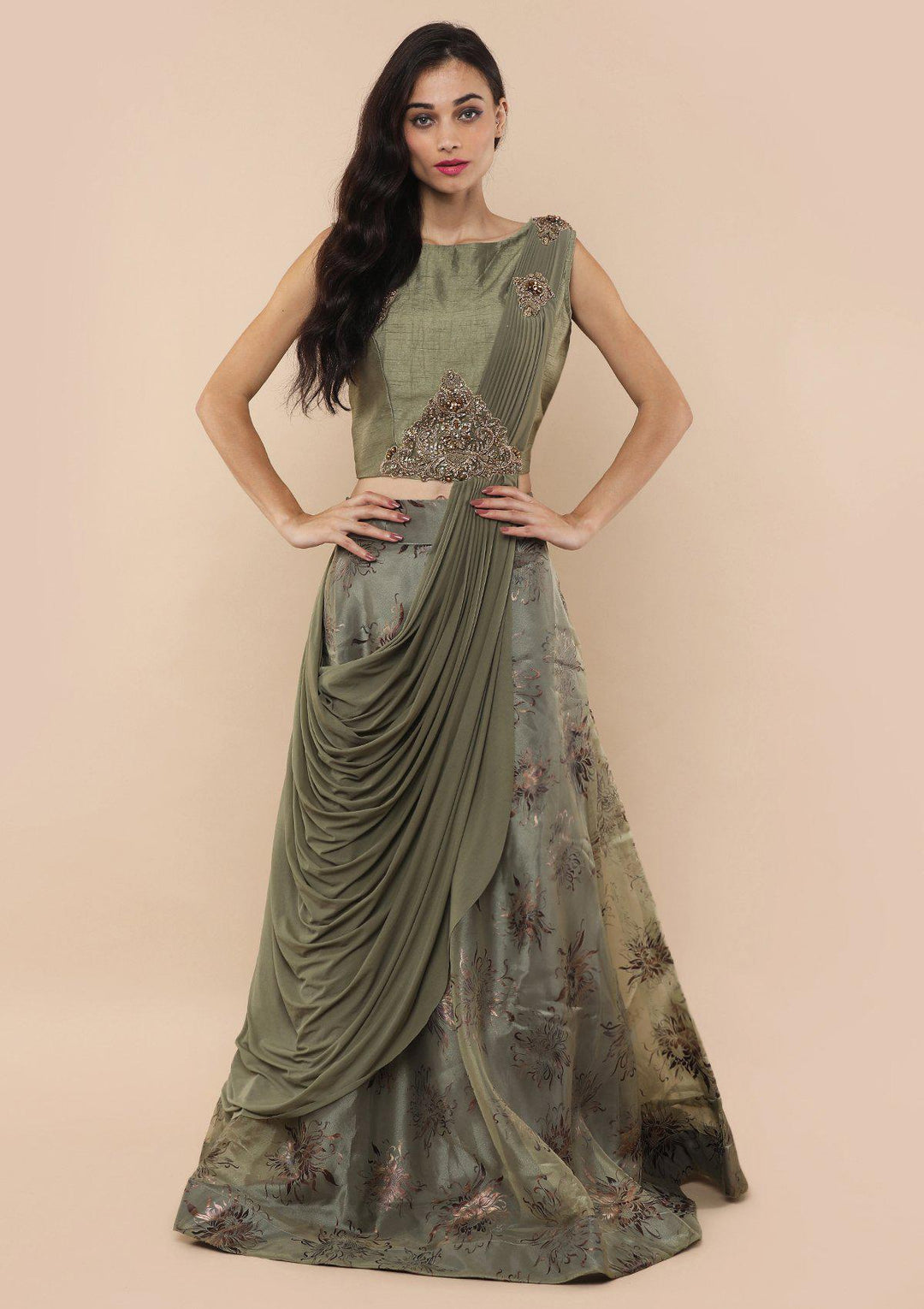 Sage Green Zardozi Work Tissue Designer Lehenga-Koskii