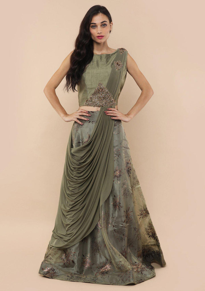 Sage Green Zardozi Work Tissue Designer Lehenga-Koskii