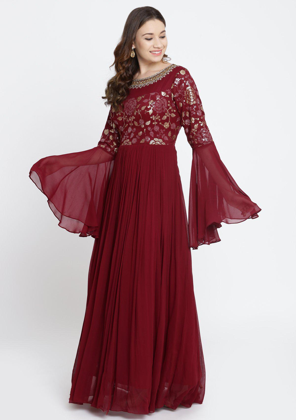 Maroon Sequins Georgette Designer Gown-Koskii