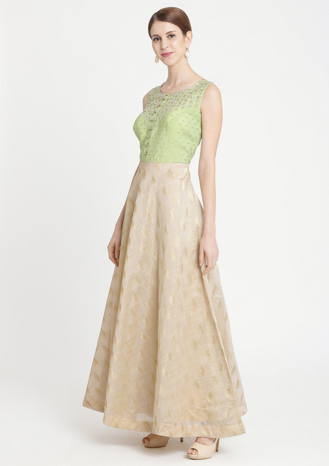 Pista Green Cutdana Raw Silk Designer Gown-Koskii