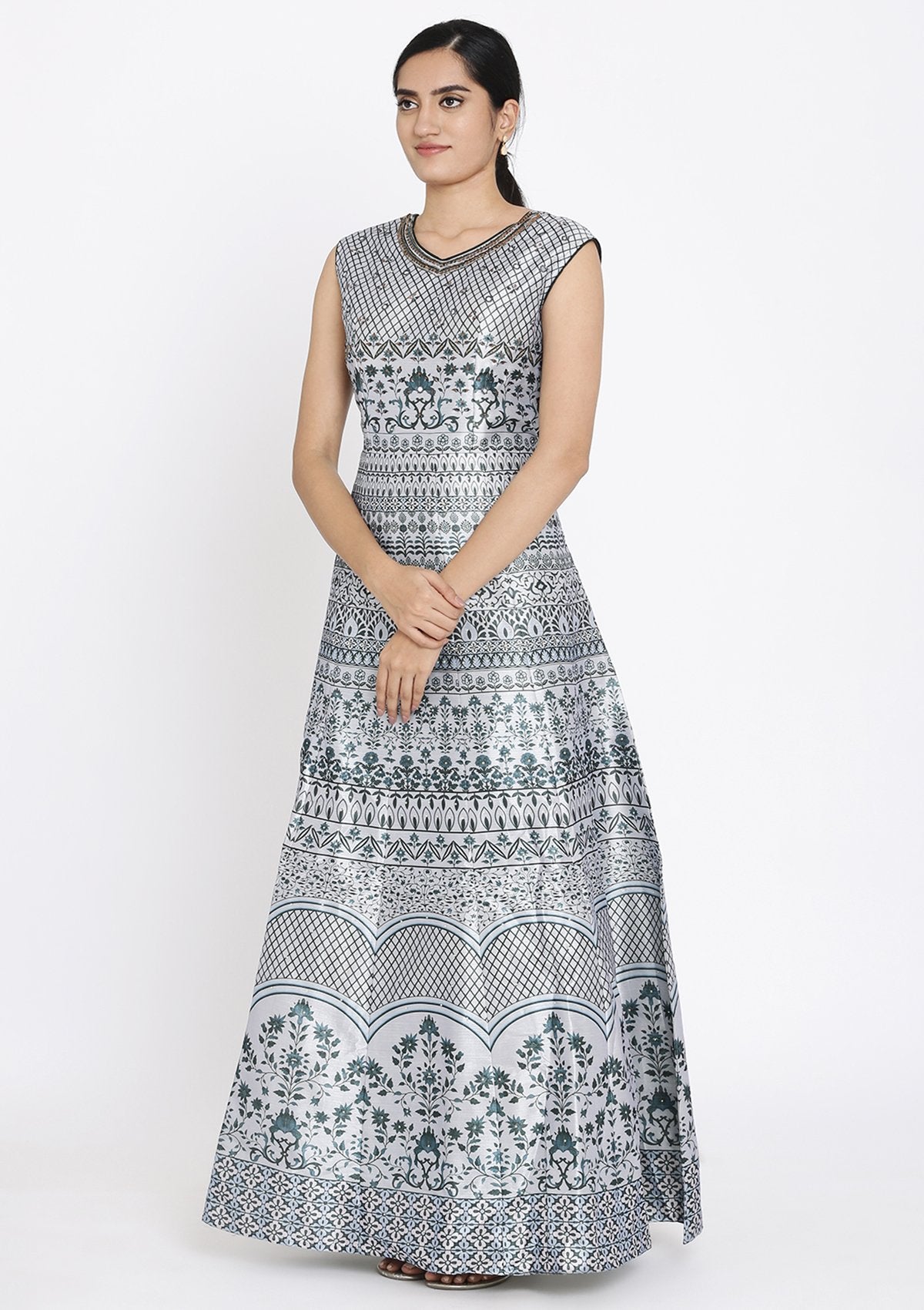 Light Grey Sequins Raw Silk Designer Gown - koskii