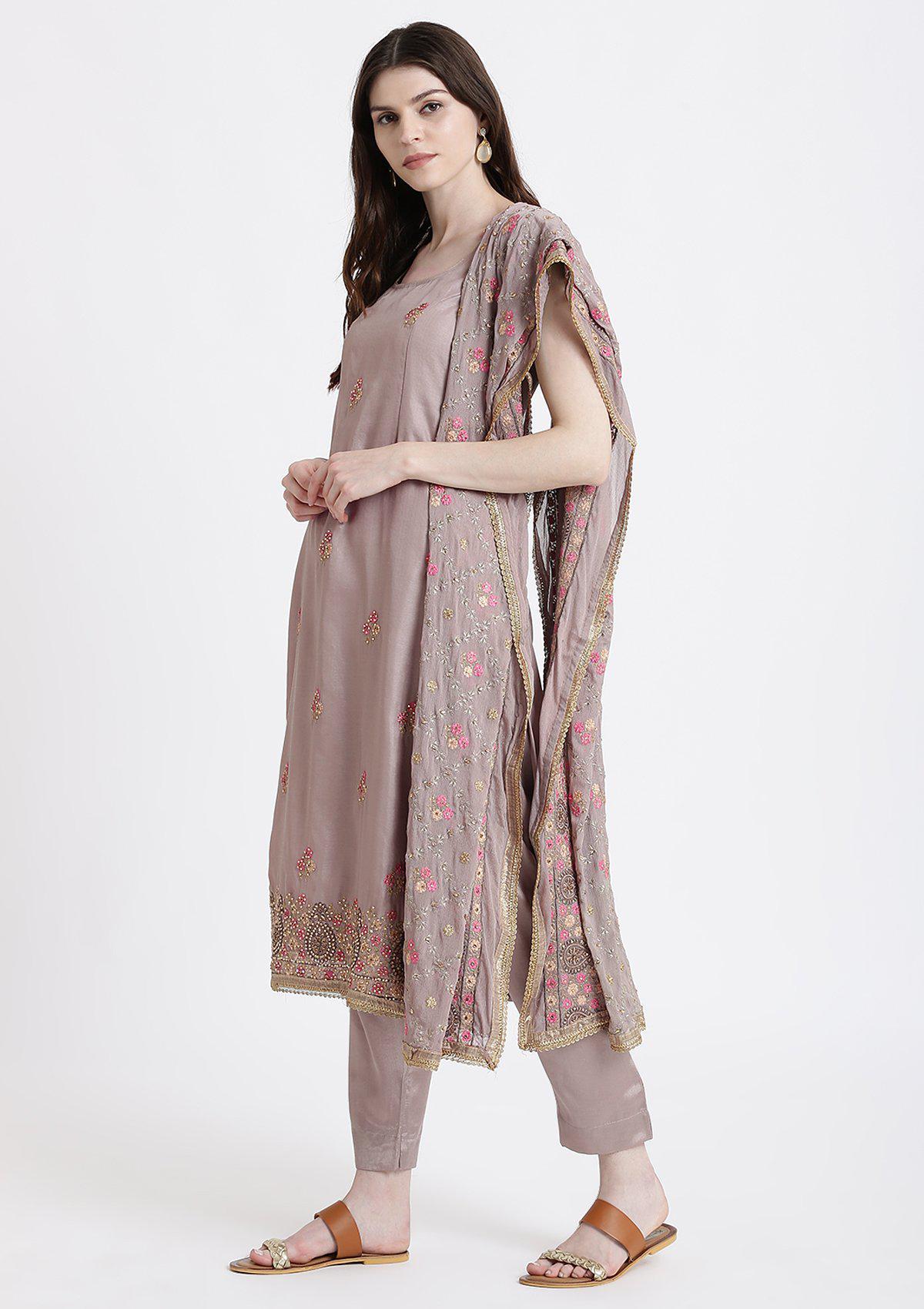 Light Grey Stonework Chanderi Designer Salwar Suit-Koskii