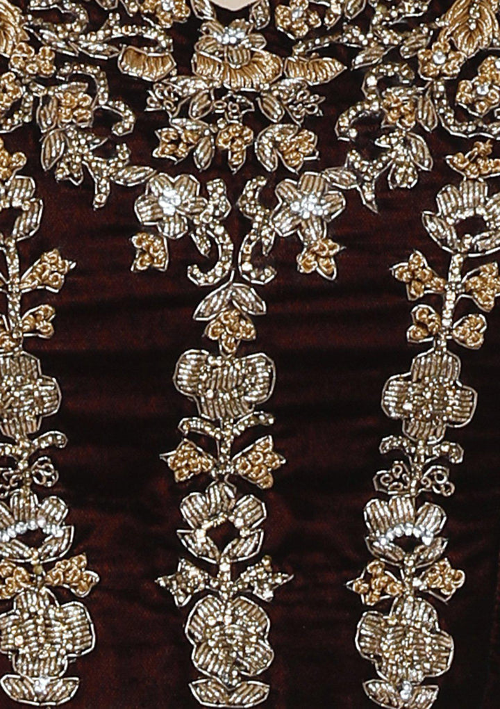 Maroon and Pink Embellished Velvet Designer Lehenga-Koskii