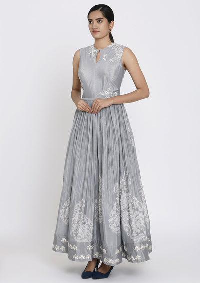 Light Grey Cutdana Satin Designer Gown - koskii