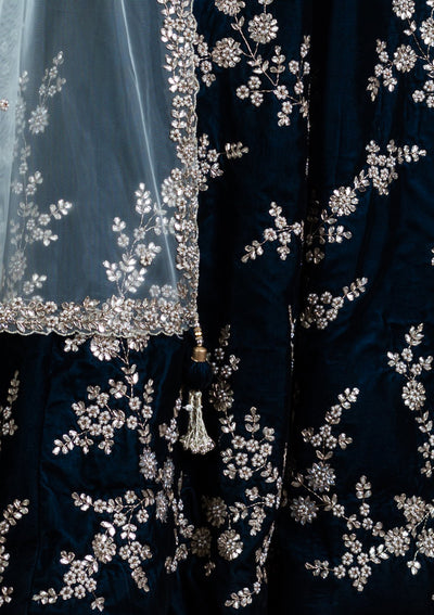 Navy Blue Zardozi Velvet Designer Lehenga-Koskii