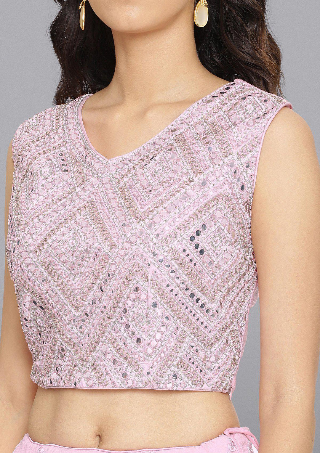Baby Pink Mirrorwork Net Designer Lehenga-Koskii