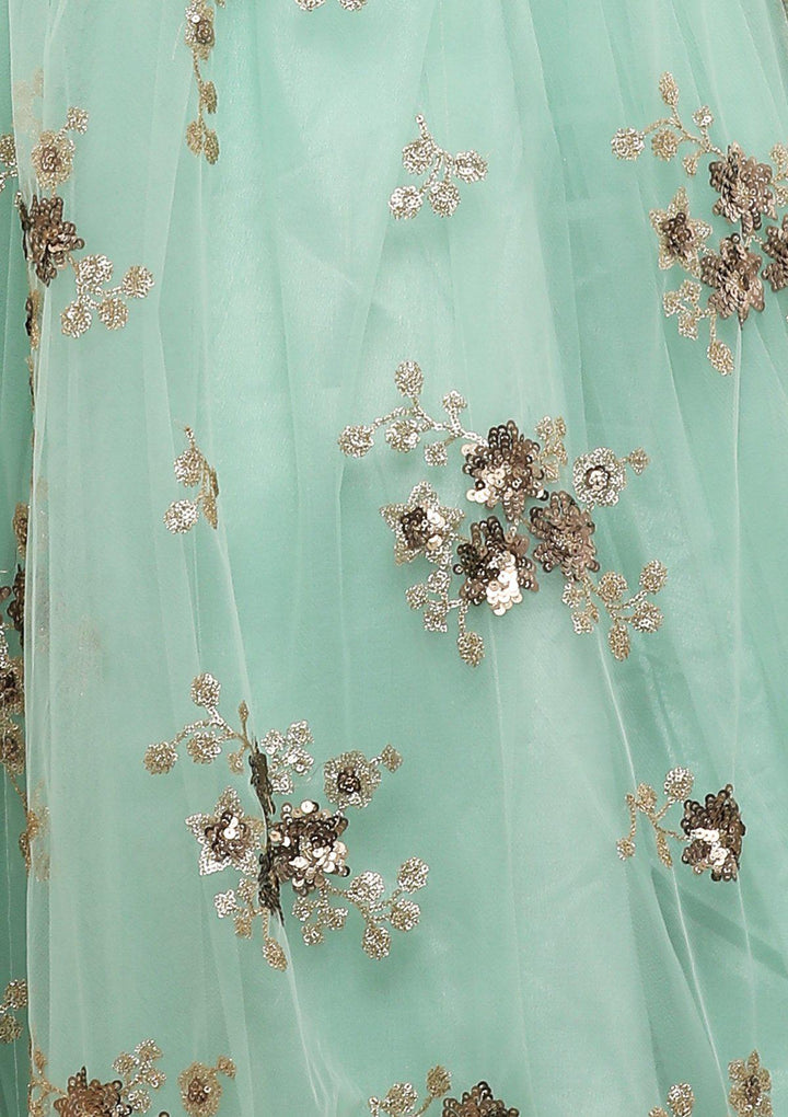Pista Green Floral Net Designer Lehenga-Koskii