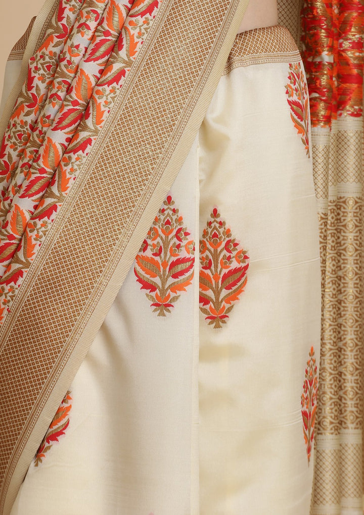 Red and Cream Thread Work Art Silk Designer Saree-Koskii