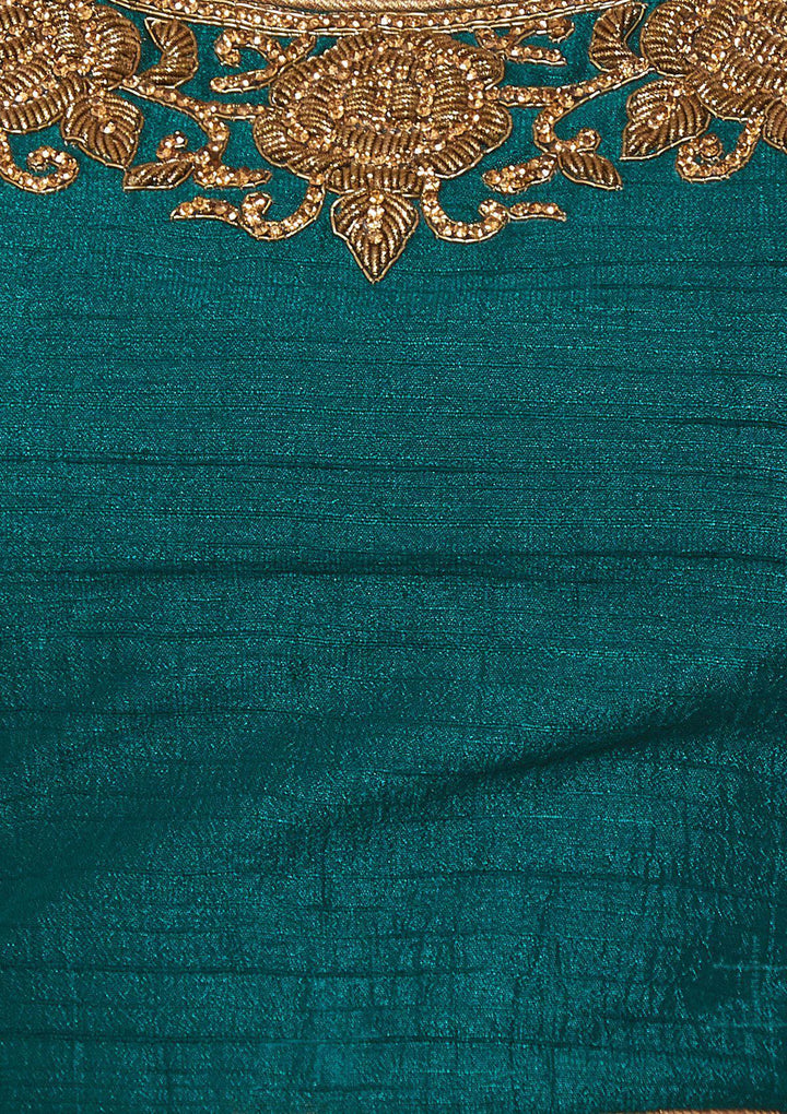Koskii Zariwork Raw Silk Forest Green Lehenga-Koskii
