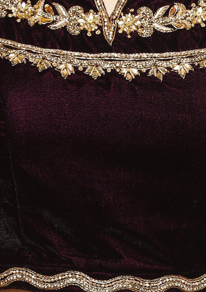 Wine and Maroon Embellished Velvet Designer Lehenga-Koskii