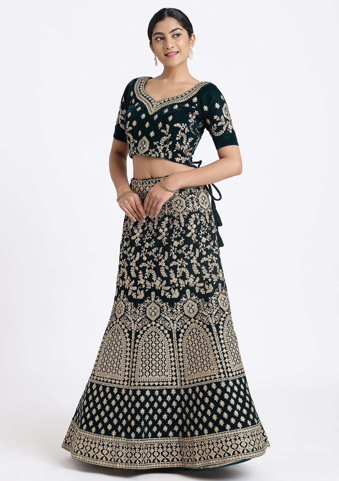 Bottle Green Zariwork Velvet Designer Lehenga-Koskii