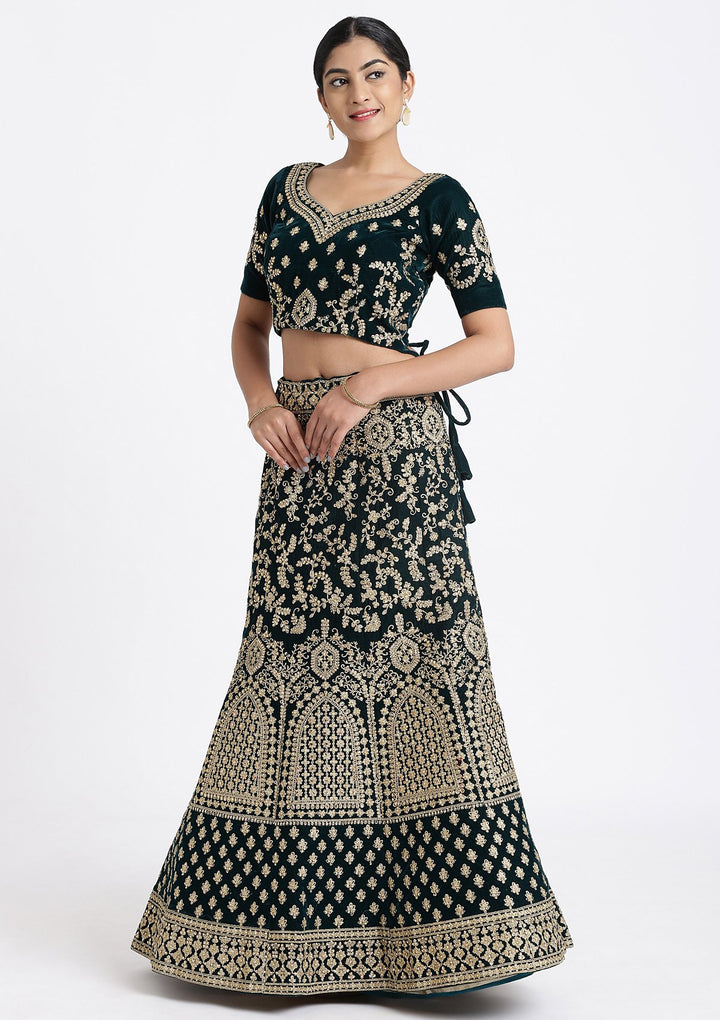 Bottle Green Zariwork Velvet Designer Lehenga-Koskii