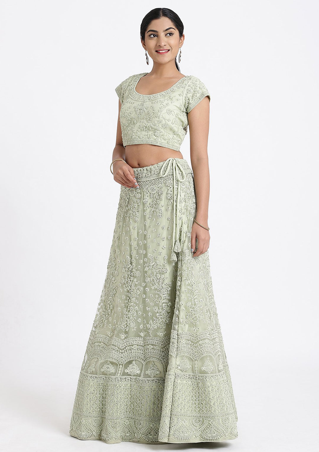 Pista Green Threadwork Net Designer Lehenga-Koskii