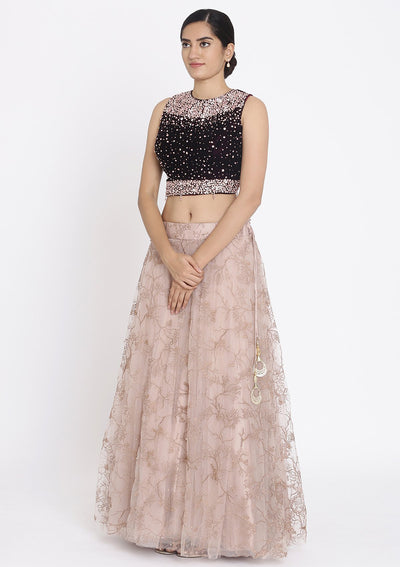Lavender And Wine Stonework Net Designer Lehenga - koskii